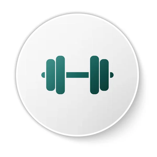 緑のダンベルアイコンは、白い背景に分離されています。筋肉持ち上げアイコン、フィットネスバーベル、ジムアイコン、スポーツ用品のシンボル、運動バンベル。緑色の円ボタン。ベクトルイラストレーション — ストックベクタ
