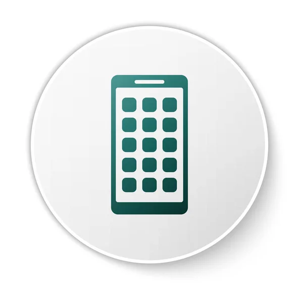 Icono verde Aplicaciones Móviles aislado sobre fondo blanco. Smartphone con iconos de pantalla, aplicaciones. teléfono móvil mostrando la pantalla. Botón círculo verde. Ilustración vectorial — Vector de stock