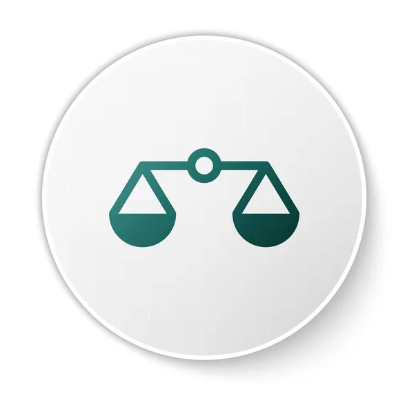 Zöld mérleg az igazságosság ikon izolált fehér háttér. Bíróság szimbóluma. Egyenleg-léptékjel. Zöld kör gomb. Vektoros illusztráció — Stock Vector