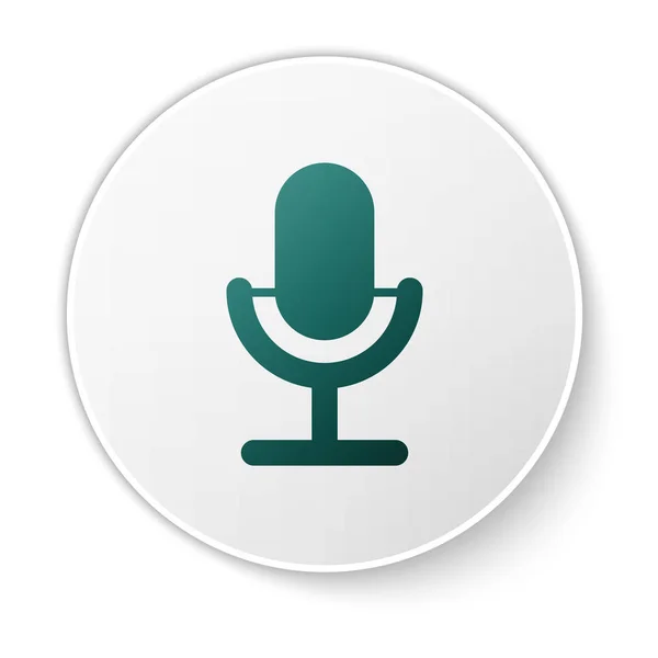 Icono de micrófono verde aislado sobre fondo blanco. En el micrófono de radio de aire. Firma del portavoz. Botón círculo verde. Ilustración vectorial — Vector de stock
