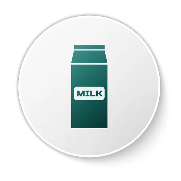 Pakiet zielonej księgi dla ikony mleka na białym tle. Znak pakietu mlecznego. Przycisk zielony okrąg. Ilustracja wektorowa — Wektor stockowy