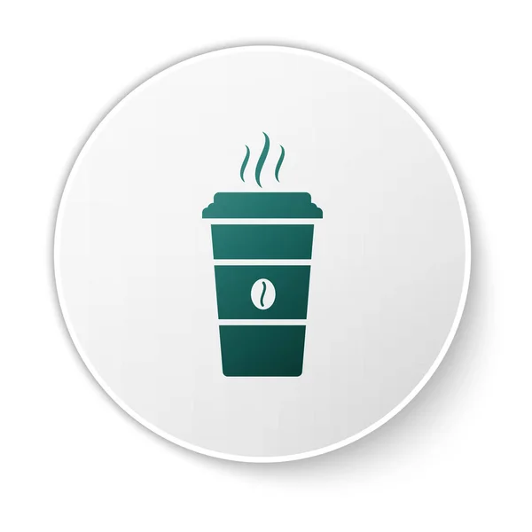 Groene koffie kopje pictogram geïsoleerd op witte achtergrond. Wegwerp koffiekop met warme koffie. Groene cirkel knop. Vector illustratie — Stockvector