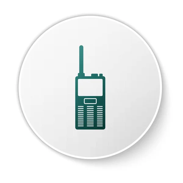 Grön walkie talkie ikon isolerad på vit bakgrund. Bärbar radiosändare ikon. Radiosände sändtagaren undertecknar. Grön cirkel knapp. Vektor illustration — Stock vektor