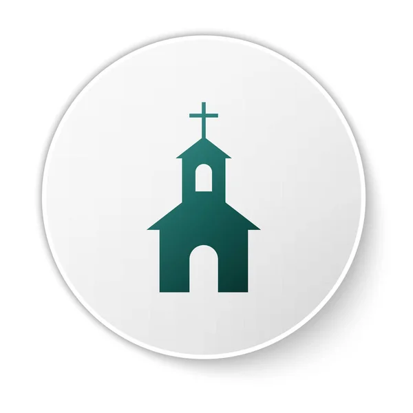 Groene kerkgebouw icoon geïsoleerd op witte achtergrond. Christelijke kerk. Religie van de kerk. Groene cirkel knop. Vector illustratie — Stockvector