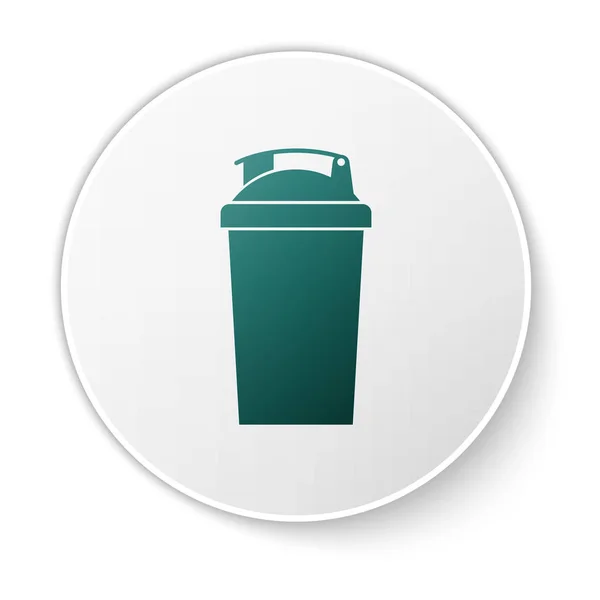 Ícone agitador Fitness verde isolado no fundo branco. Garrafa de shaker esportivo com tampa para coquetéis de água e proteína. Botão de círculo verde. Ilustração vetorial — Vetor de Stock