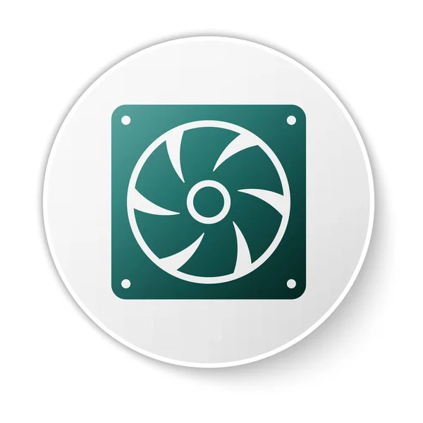 Grünes Computerkühler-Symbol isoliert auf weißem Hintergrund. PC-Hardware-Fan. grüner Kreis-Knopf. Vektorillustration — Stockvektor