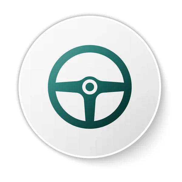 Icono del volante verde aislado sobre fondo blanco. Icono de rueda de coche. Botón círculo verde. Ilustración vectorial — Vector de stock