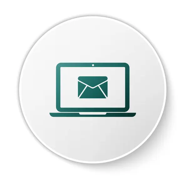 Beyaz arka planda izole ekran simgesi zarf ve açık e-posta ile Yeşil Laptop. E-posta pazarlama, internet reklam kavramları. Yeşil daire düğmesi. Vektör İllüstrasyonu — Stok Vektör