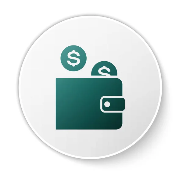 Carteira verde com ícone de moeda isolada no fundo branco. Carteira de dinheiro. Símbolo do dólar. Botão de círculo verde. Ilustração vetorial — Vetor de Stock