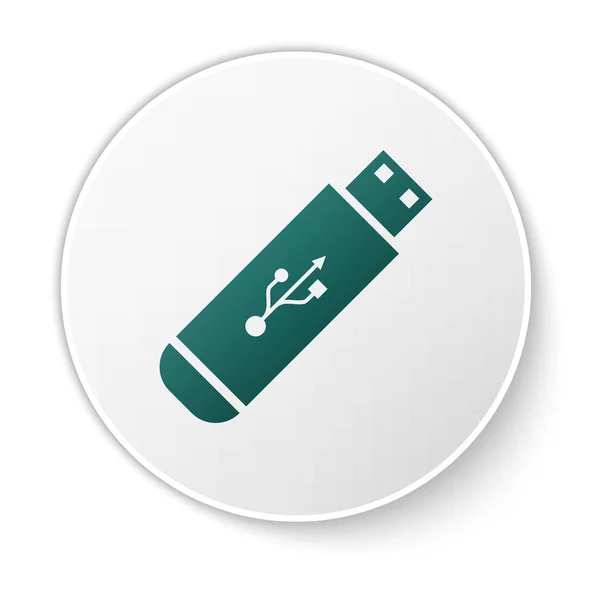 Icona flash drive USB verde isolata su sfondo bianco. Pulsante cerchio verde. Illustrazione vettoriale — Vettoriale Stock