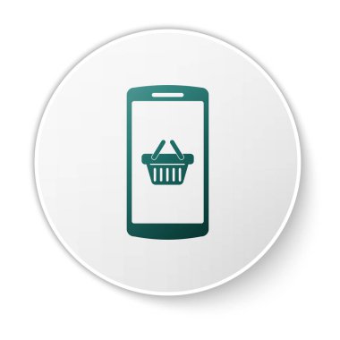Beyaz arka planda yalıtılmış ekran akıllı telefon simgesiyeşil Alışveriş sepeti. Konsept e-ticaret, e-iş, online iş pazarlama. Yeşil daire düğmesi. Vektör İllüstrasyonu