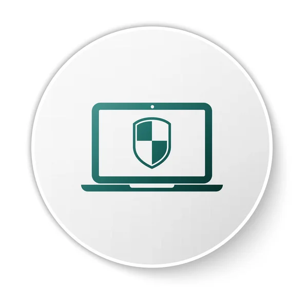 Laptop verde protegido con símbolo de escudo icono aislado sobre fondo blanco. Concepto de seguridad en Internet. Seguridad de PC, tecnología de firewall, seguridad de privacidad. Botón círculo verde. Ilustración vectorial — Archivo Imágenes Vectoriales