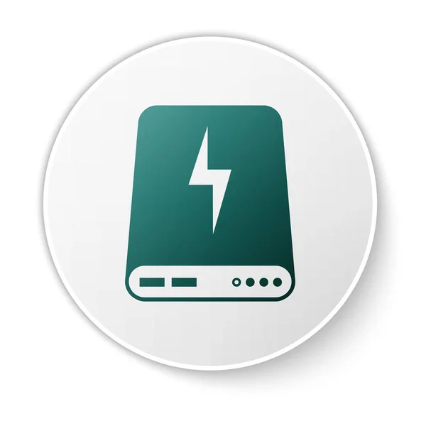 Groene Power Bank-pictogram geïsoleerd op witte achtergrond. Draagbaar oplaadapparaat. Groene cirkel knop. Vector illustratie — Stockvector