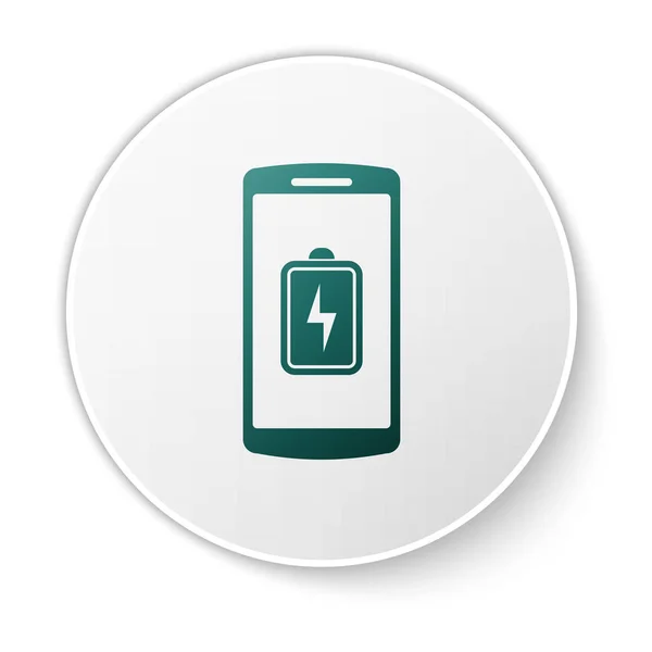 Icône verte de charge de la batterie Smartphone isolé sur fond blanc. Téléphone avec une charge de batterie faible. Bouton rond vert. Illustration vectorielle — Image vectorielle