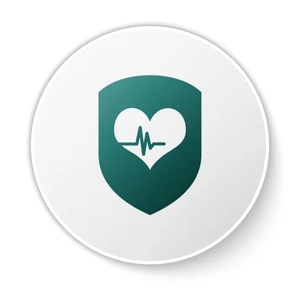 Green Shield and heart rate icon isolated on white background. Health protection concept. Health care. Green circle button. Vector Illustration — Stock Vector