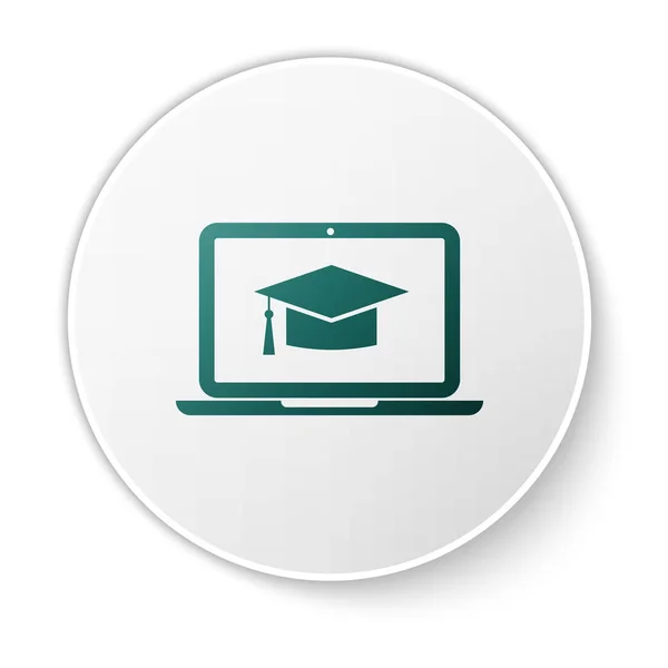 Green Graduation cap on screen laptop icon isolated on white background. Online learning or e-learning concept. Green circle button. Vector Illustration — Stock Vector