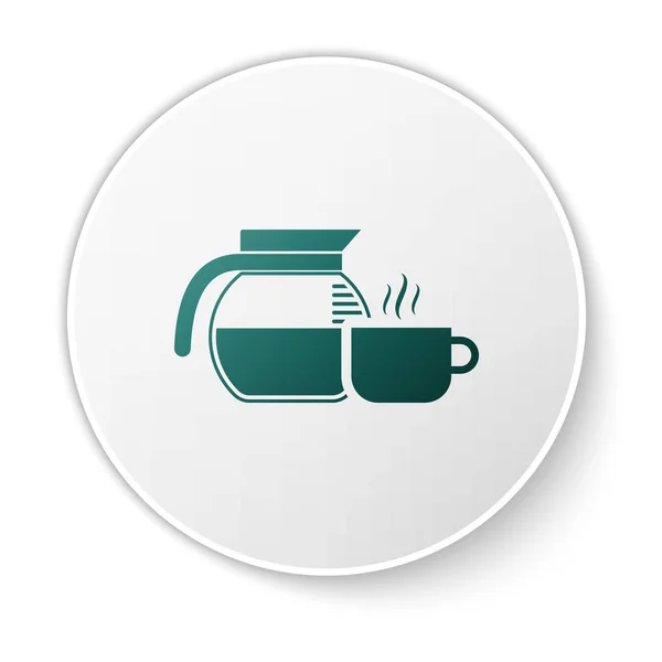 Green Coffee pot with cup icon isolated on white background. Green circle button. Vector Illustration — Stock Vector