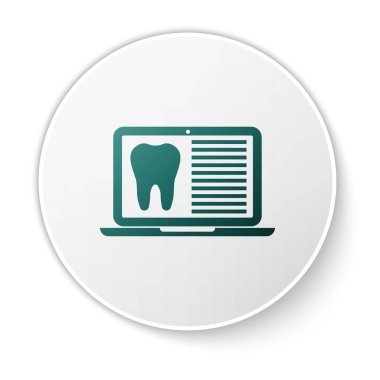Yeşil Laptop diş kartı veya hasta tıbbi kayıtları simgesi beyaz arka plan üzerinde izole ile. Diş sigortası. Diş kliniği raporu. Yeşil daire düğmesi. Vektör İllüstrasyonu