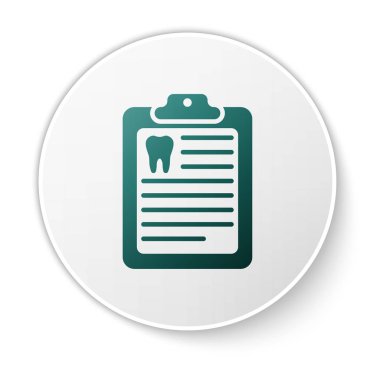 Beyaz arka planda izole diş kartı veya hasta tıbbi kayıtları simgesi ile Yeşil Pano. Diş sigortası. Diş kliniği raporu. Yeşil daire düğmesi. Vektör İllüstrasyonu
