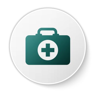 Yeşil İlk yardım kiti simgesi beyaz arka plan üzerinde izole. Haçlı tıbbi kutu. Acil durum için tıbbi ekipman. Sağlık konsepti. Yeşil daire düğmesi. Vektör İllüstrasyonu