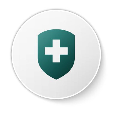 Beyaz arka plan üzerinde izole çapraz simge ile Yeşil Tıbbi kalkan. Sağlık koruma kavramı. Güvenlik rozeti simgesi. Gizlilik afişi. Güvenlik etiketi. Yeşil daire düğmesi. Vektör İllüstrasyonu