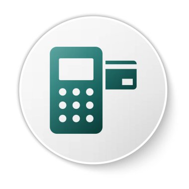 Beyaz arka planda yalıtılmış kredi kartı simgesine eklenmiş Yeşil Pos terminali. Ödeme terminali işlemi. Yeşil daire düğmesi. Vektör İllüstrasyonu