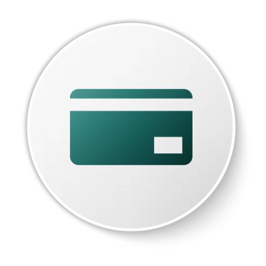 Yeşil Kredi kartı simgesi beyaz arka planda yalıtılmış. Online ödeme. Nakit para çekme. Finansal operasyonlar. Alışveriş tabelası. Yeşil daire düğmesi. Vektör İllüstrasyonu