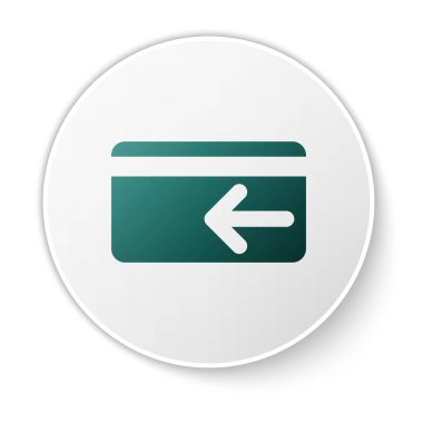 Beyaz arka plan üzerinde Yeşil Nakit geri simgesi. Kredi kartı. Finansal hizmetler, para iadesi, yatırım getirisi, tasarruf hesabı, döviz bozdurma. Yeşil daire düğmesi. Vektör İllüstrasyonu