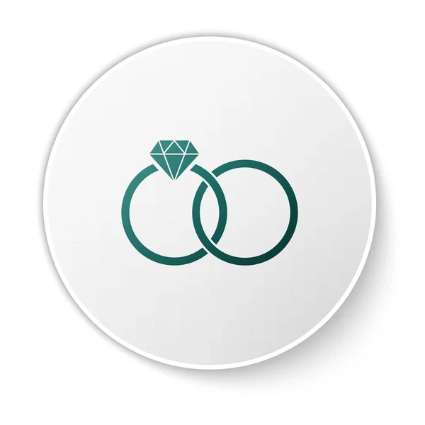 Πράσινο εικονίδιο δαχτυλίδια γάμου απομονώνεται σε λευκό φόντο. Υπογραφή κοσμημάτων νύφης και γαμπρού. Το εικονίδιο του γάμου. Διαμαντένιο δαχτυλίδι. Κουμπί πράσινου κύκλου. Απεικόνιση διανυσματικών φορέων — Διανυσματικό Αρχείο