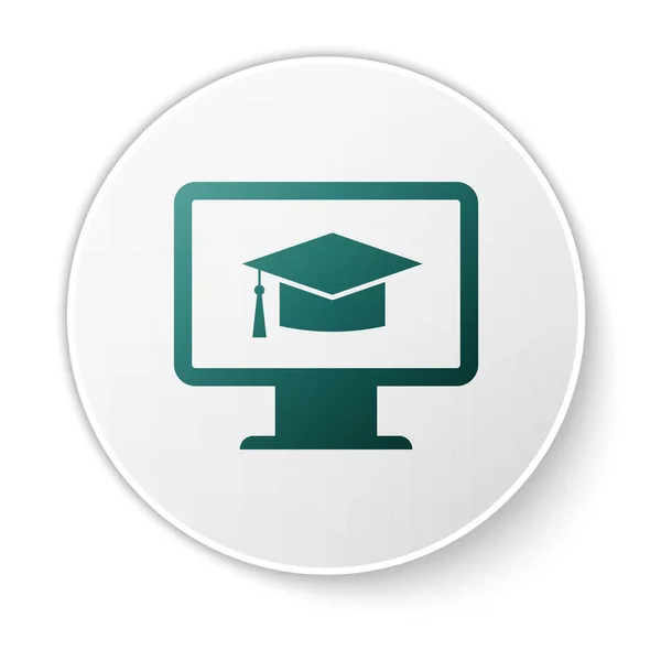 Moniteur d'ordinateur vert avec icône de chapeau de graduation isolé sur fond blanc. Concept d'apprentissage en ligne ou d'apprentissage en ligne. Symbole de connaissance Internet. Bouton rond vert. Illustration vectorielle — Image vectorielle