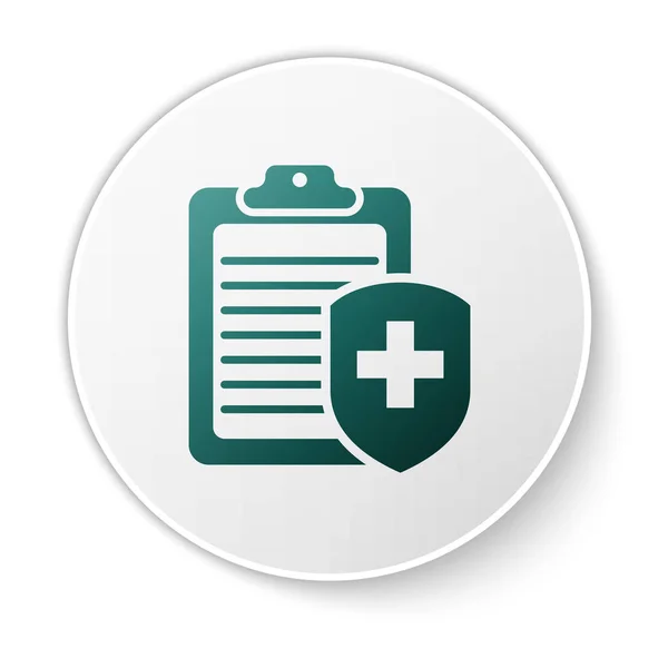 Presse-papiers vert avec icône d'assurance médicale isolée sur fond blanc. Protection des patients. Presse-papiers et bouclier avec une croix comme assurance symbole. Bouton rond vert. Illustration vectorielle — Image vectorielle