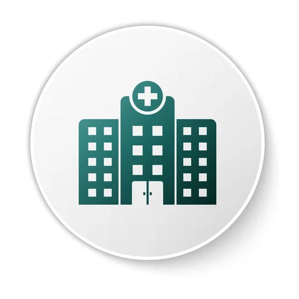 Green Medical Hospital Building met kruis icoon geïsoleerd op witte achtergrond. Medisch centrum. Gezondheidszorg. Groene cirkel knop. Vector illustratie — Stockvector