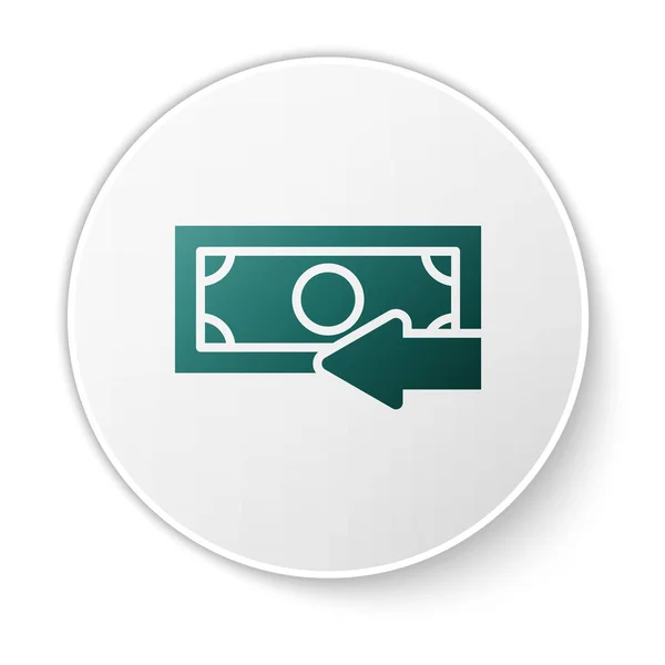 Green Cash back icon isolated on white background. Financial services, money refund, return on investment, savings account, currency exchange. Green circle button. Vector Illustration — Stock Vector