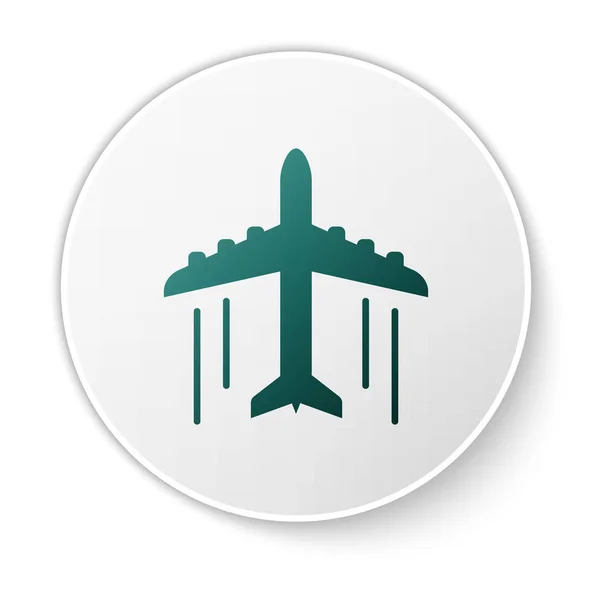Ícone de avião verde isolado no fundo branco. Ícone de avião voador. Sinal de avião. Botão de círculo verde. Ilustração vetorial — Vetor de Stock