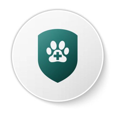 Yeşil Hayvan sağlık sigortası simgesi beyaz arka plan izole. Evcil hayvan koruma simgesi. Köpek ya da kedi pençesi izi. Beyaz daire düğmesi. Vektör İllüstrasyonu