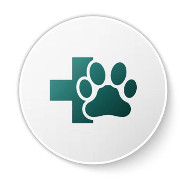Yeşil Veteriner kliniği sembol simgesi beyaz arka plan üzerinde izole. Çapraz hastane tabelası. Stilize pençe baskı köpek veya kedi. Pet İlk Yardım işareti. Beyaz daire düğmesi. Vektör İllüstrasyonu