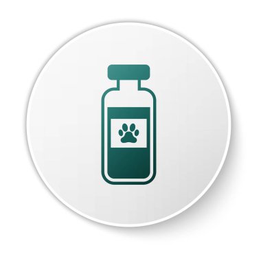Yeşil Pets şişe tıbbi simgesi beyaz arka plan üzerinde izole. Hayvanlar için reçeteli ilaç. Beyaz daire düğmesi. Vektör İllüstrasyonu