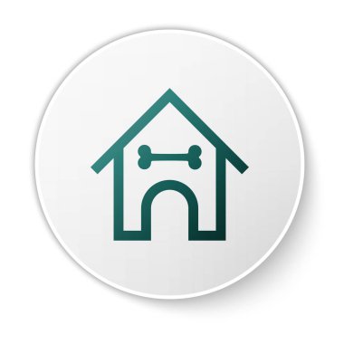 Beyaz arka plan üzerinde izole Yeşil Köpek ev ve kemik simgesi. Köpek kulübesi. Beyaz daire düğmesi. Vektör İllüstrasyonu