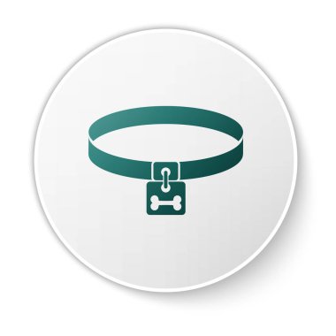 Yeşil Köpek yaka isim etiketi ve kemik plak simgesi beyaz arka plan izole ile. Evcil hayvanlar için erzak. Kedi ve köpek bakımı. Evcil köpek zincirleri. Beyaz daire düğmesi. Vektör İllüstrasyonu