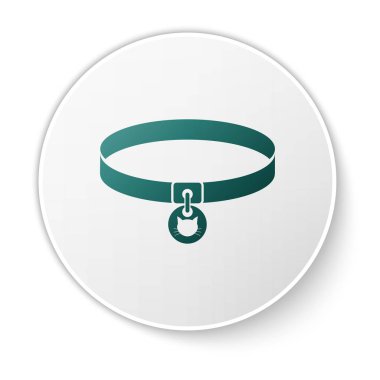 Beyaz arka planda izole ad etiketi simgesi ile Yeşil Kedi yaka. Evcil hayvanlar için basit malzemeler. Kedi ve köpek bakımı. Evcil kedi zincirleri. Beyaz daire düğmesi. Vektör İllüstrasyonu