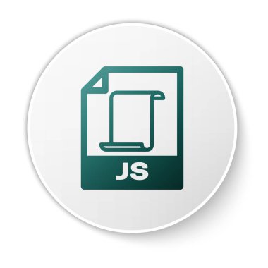 Yeşil Js dosya belge simgesi. Beyaz arka planda yalıtılmış js düğme simgesini indirin. Js dosya sembolü. Beyaz daire düğmesi. Vektör İllüstrasyonu