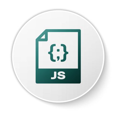 Yeşil Js dosya belge simgesi. Beyaz arka planda yalıtılmış js düğme simgesini indirin. Js dosya sembolü. Beyaz daire düğmesi. Vektör İllüstrasyonu