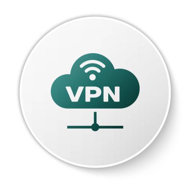 Yeşil Vpn Ağı bulut bağlantı simgesi beyaz arka planda yalıtılmış. Sosyal teknoloji. Bulut bilgi işlem konsepti. Beyaz daire düğmesi. Vektör İllüstrasyonu