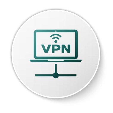 Yeşil Vpn Bilgisayar ağ simgesi beyaz arka planda yalıtılmış. Dizüstü bilgisayar ağı. İnternet bağlantısı. Beyaz daire düğmesi. Vektör İllüstrasyonu