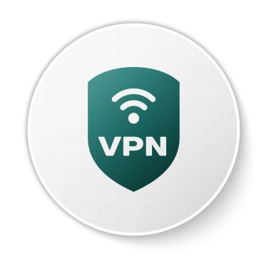 Vpn ve wifi kablosuz internet ağı simge simgesi beyaz arka plan üzerinde izole ile Yeşil Kalkan. Vpn güvenlik kavramını koruyun. Beyaz daire düğmesi. Vektör İllüstrasyonu