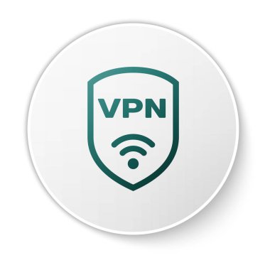 Vpn ve wifi kablosuz internet ağı simge simgesi beyaz arka plan üzerinde izole ile Yeşil Kalkan. Vpn güvenlik kavramını koruyun. Beyaz daire düğmesi. Vektör İllüstrasyonu