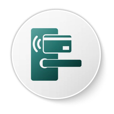 Beyaz arka planda yalıtılmış simge kilidini açmak için kablosuz teknolojiye sahip Yeşil Dijital kapı kilidi. Kapı kolu işareti. Kavramın güvenlik akıllı ev. Beyaz daire düğmesi. Vektör İllüstrasyonu