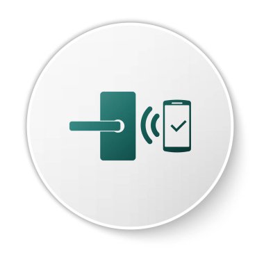 Beyaz arka planda yalıtılmış simge kilidini açmak için kablosuz teknolojiye sahip Yeşil Dijital kapı kilidi. Kapı kolu işareti. Kavramın güvenlik akıllı ev. Beyaz daire düğmesi. Vektör İllüstrasyonu