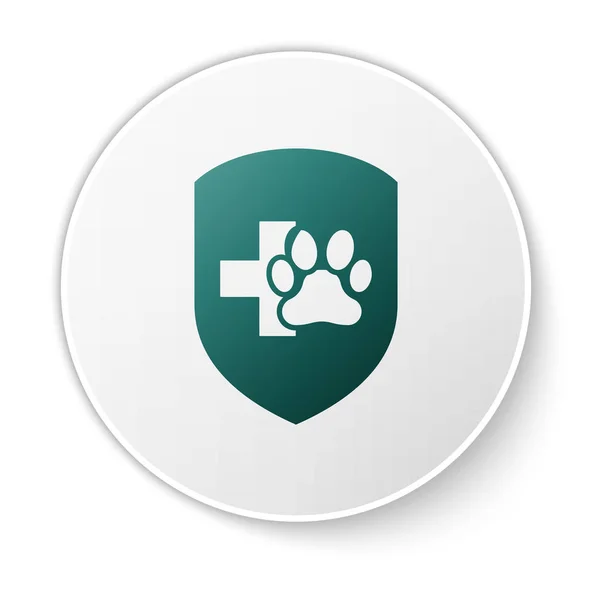 Green Animal health insurance icon isolated on white background. Pet protection icon. Dog or cat paw print. White circle button. Vector Illustration — Stock Vector