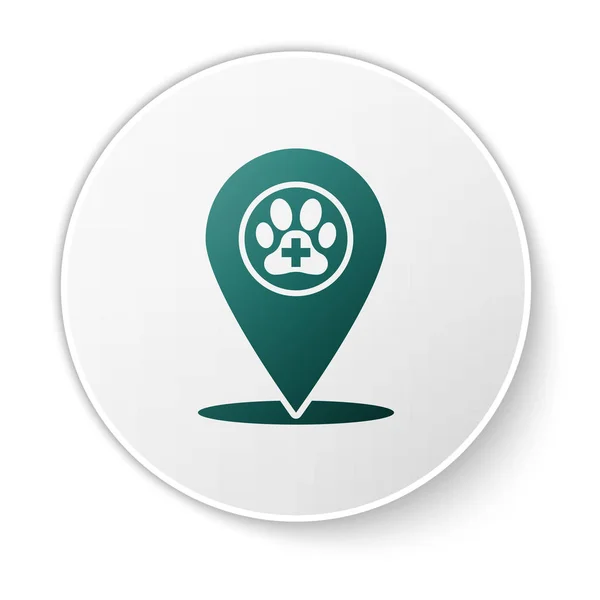 Green Map puntero con hospital de medicina veterinaria, clínica o tienda de mascotas para animales icono aislado sobre fondo blanco. Veterinaria o veterinaria clínica. Botón círculo blanco. Ilustración vectorial — Vector de stock